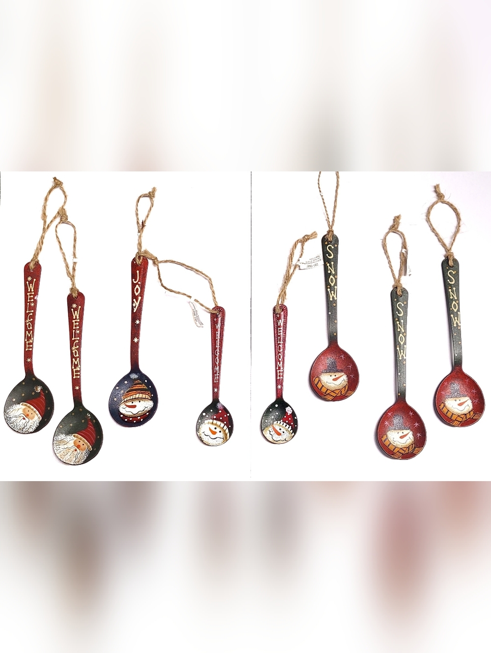Festive Eight Red and Blue Metal Spoon Ornaments with Santa & Snowman Designs